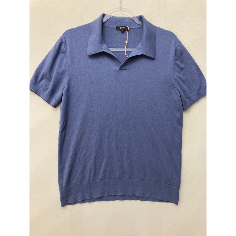 Quince Silk Cotton Polo Knit Top Light Sweater Medium Blue Short Sleeve Preppy